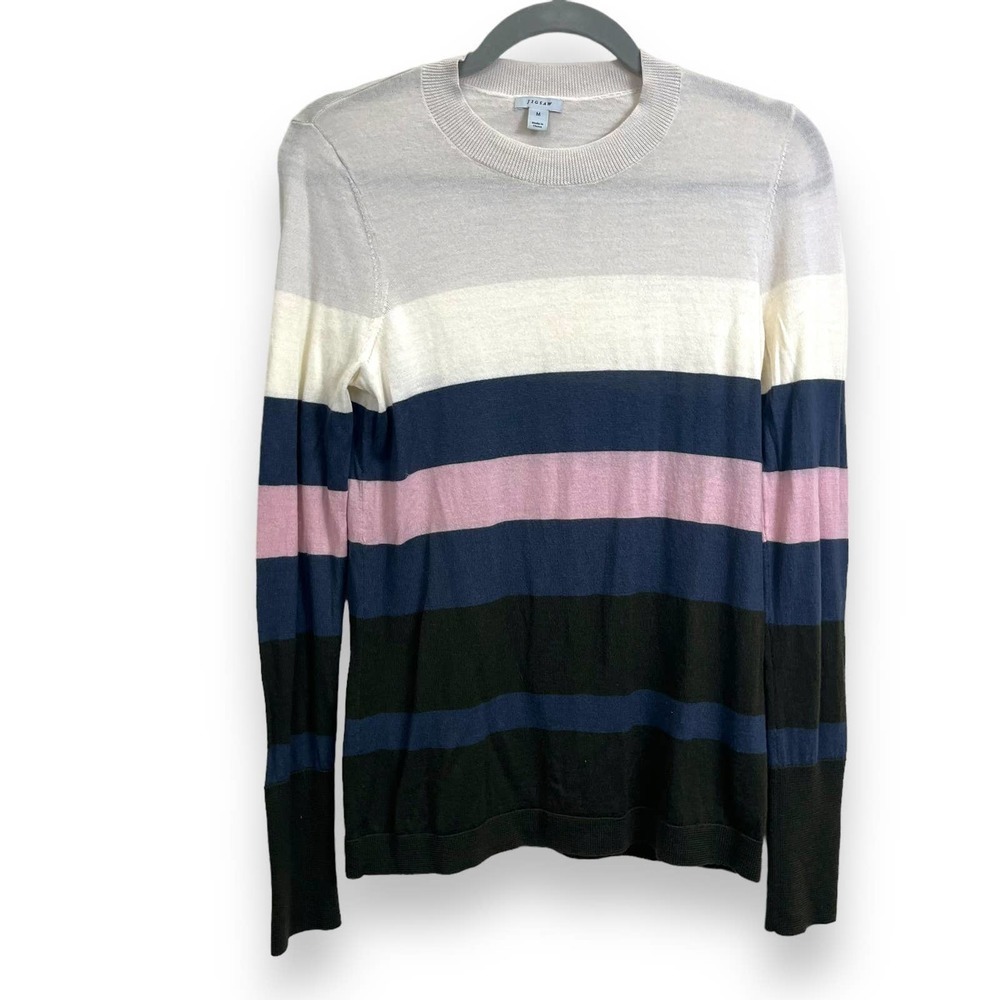 Jigsaw Sweater Womens Medium Blue Pink Wool Stripe Academia Minimalist Preppy